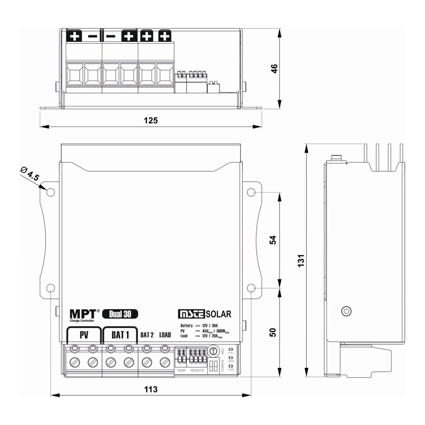 MPT® Dual 30 MPPT Solarladeregler von MSTE SOLAR Maßangaben